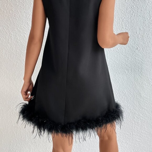 Black Preppy Womens Stand Neck Fuzzy Trim Dress - Picture 2 of 5